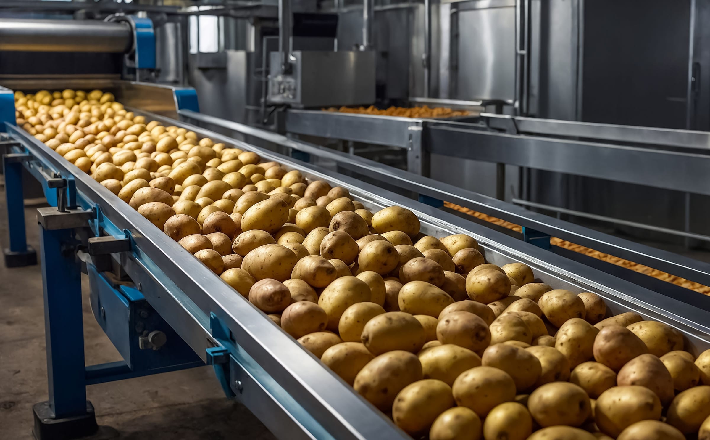 Raw potatoes on a conveyor belt