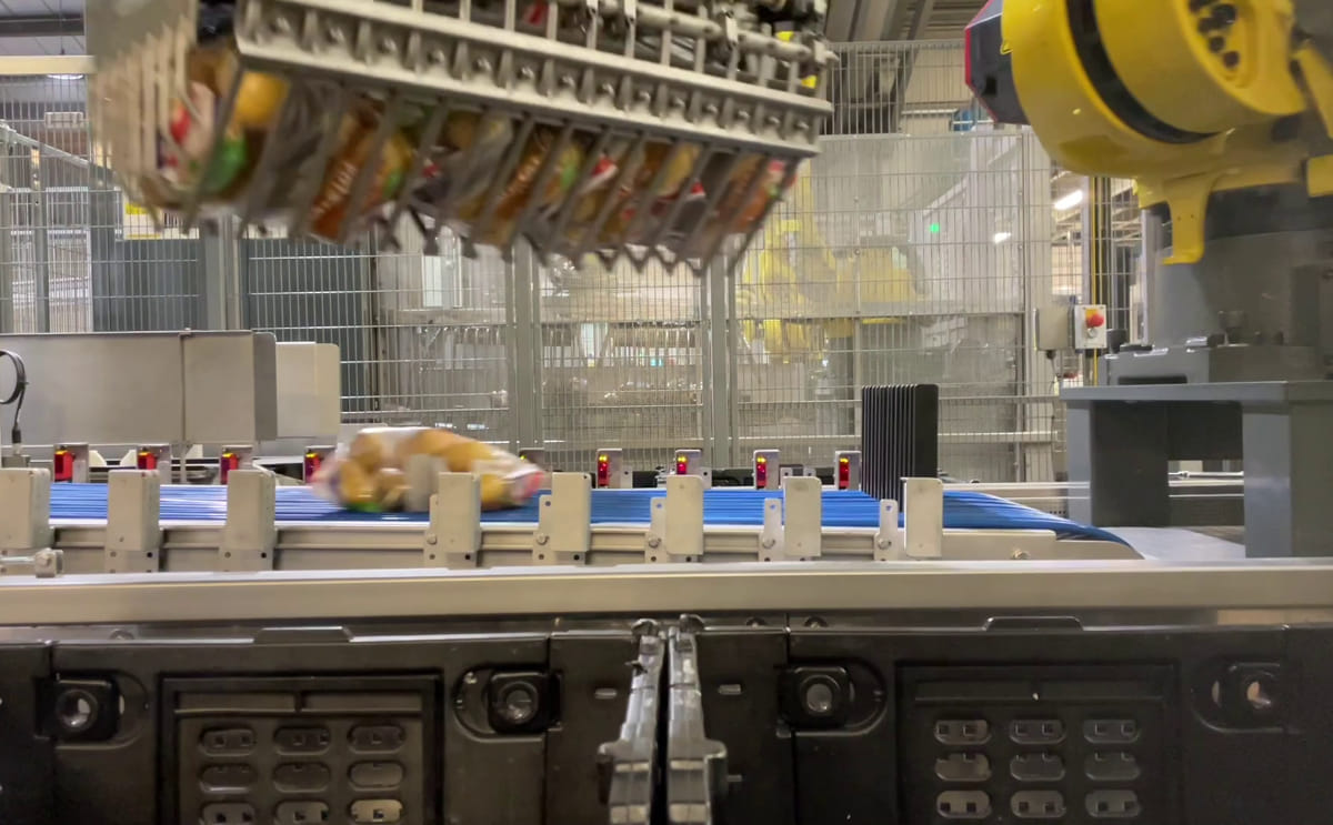 Mechanical grab that picks up potatoes in plastic bags for loading into dollies